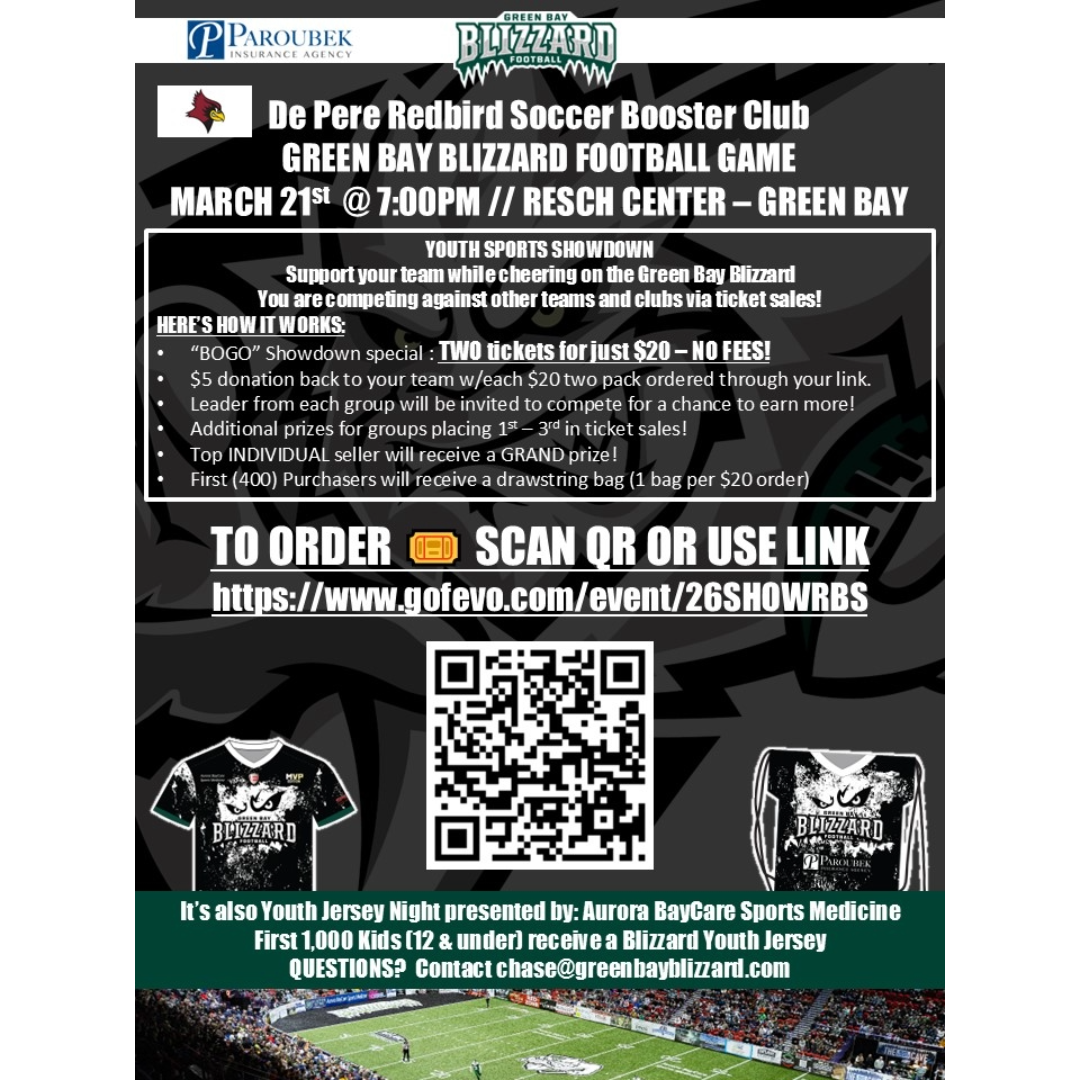 Green Bay Blizzard - Redbird Soccer team event flyer